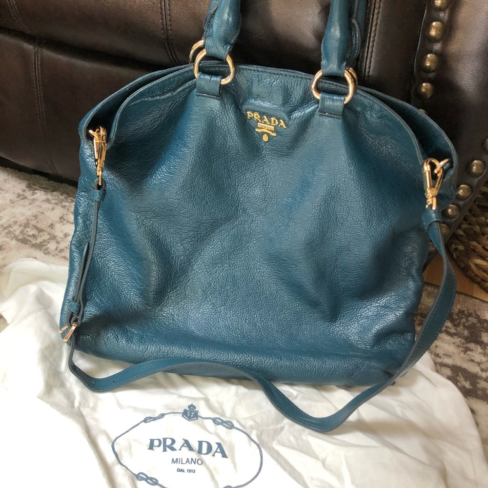 Prada Teal Leather Satchel with Gold Accents